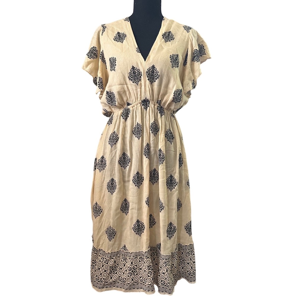 Boho Damask Medallion Print Midi Dress Cream Black V-Neck Flutter Sleeve Elastic